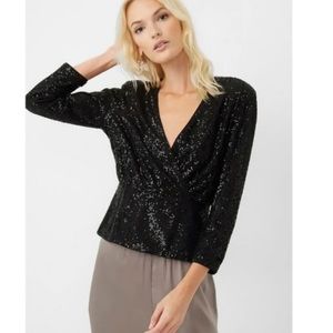 French Connection Eshka Sequin Faux Wrap Top Black 3/4 Sleeve NWT